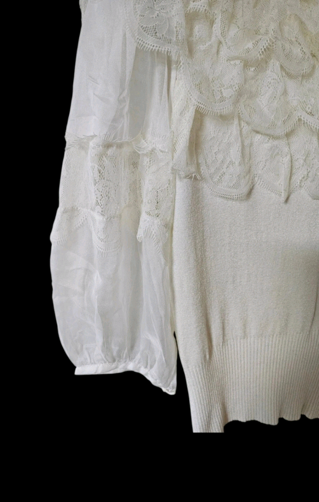 여리핏 | 아이보리 레이스 시스루 니트 블라우스 | 하이넥 러플 이미지