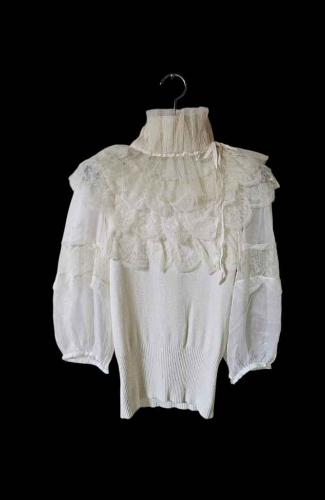 여리핏 | 아이보리 레이스 시스루 니트 블라우스 | 하이넥 러플 이미지