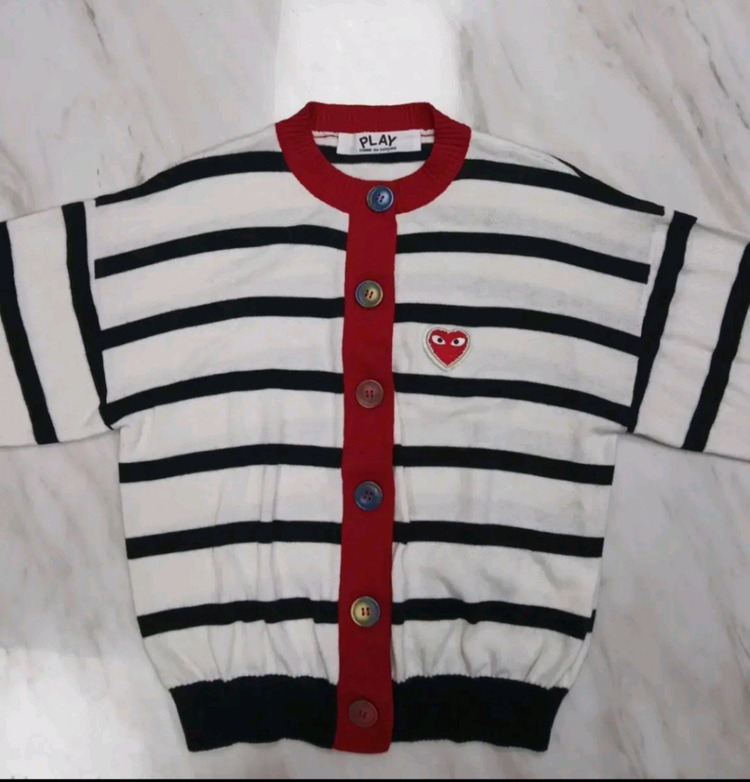 [새상품급 여성용] 꼼데가르송 울100% 플레이 라인의 스트라이프 니트 가디건 자켓 S 사이즈 이미지