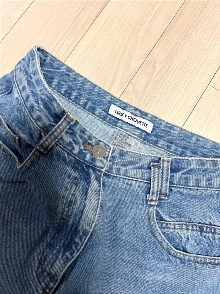 21년 럭키슈에뜨 배기핏 데님 팬츠 청바지 중청 진 자수 워싱 이미지