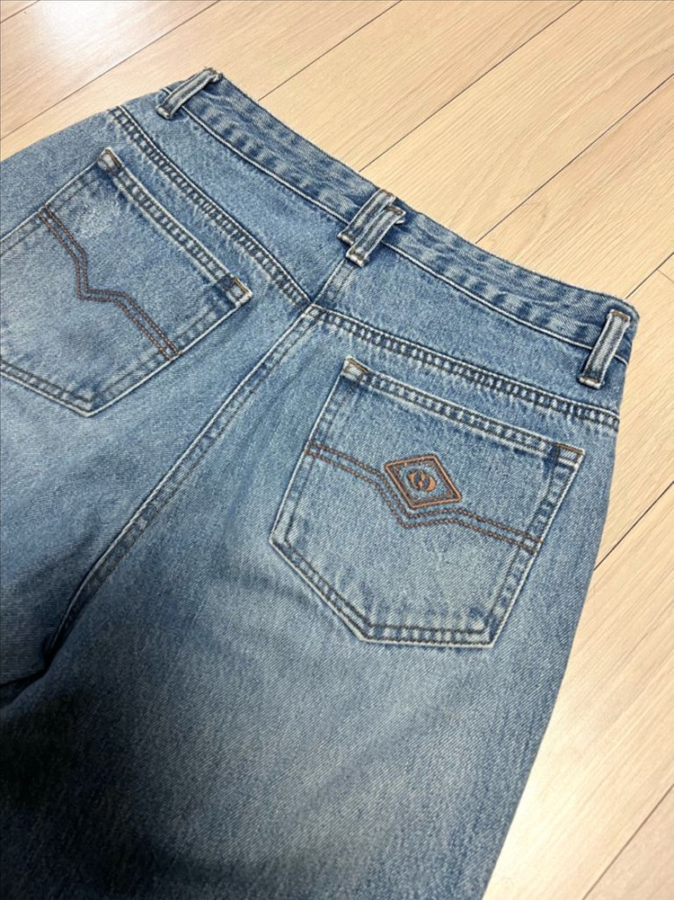 21년 럭키슈에뜨 배기핏 데님 팬츠 청바지 중청 진 자수 워싱 이미지