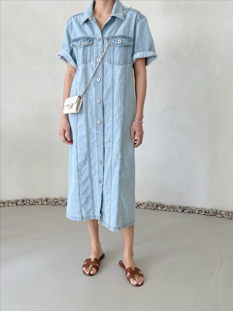 드마르 DEMAR 데님 반팔 롱원피스 겸 자켓 연청 트렌치 코트 가디건 이미지