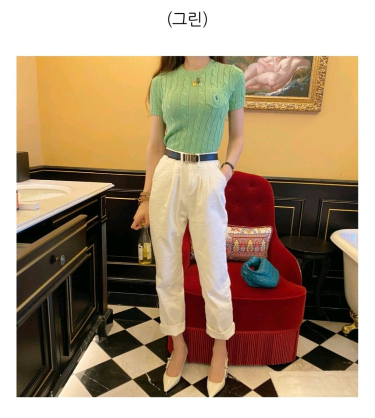 설인아 폴로 랄프로렌 여성 반팔 니트 케이블 꽈배기 스웨터 버드그린 이미지