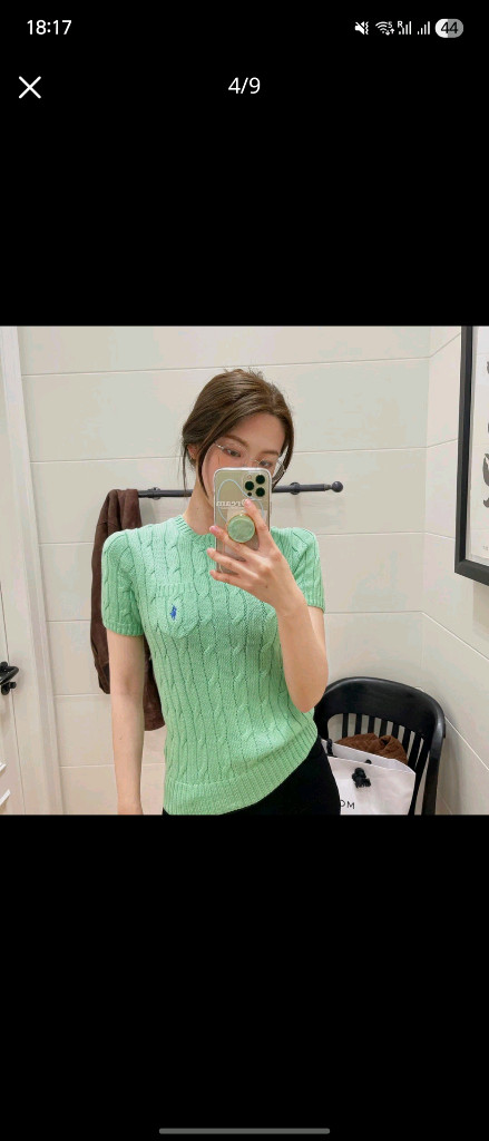 설인아 폴로 랄프로렌 여성 반팔 니트 케이블 꽈배기 스웨터 버드그린 이미지