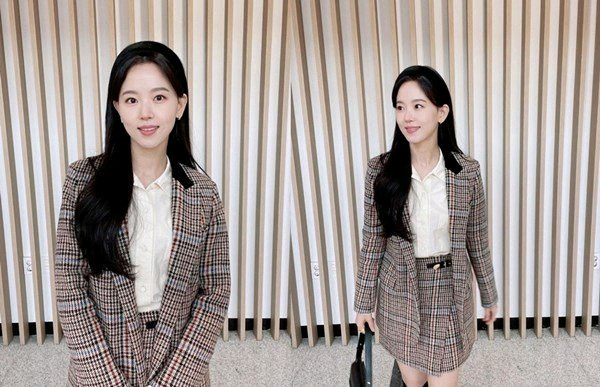 강한나) 산드로 트위드 체크 여성 울 자켓 블레이저 스커트 셋업 세트 이미지