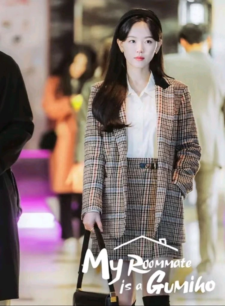 강한나) 산드로 트위드 체크 여성 울 자켓 블레이저 스커트 셋업 세트 이미지