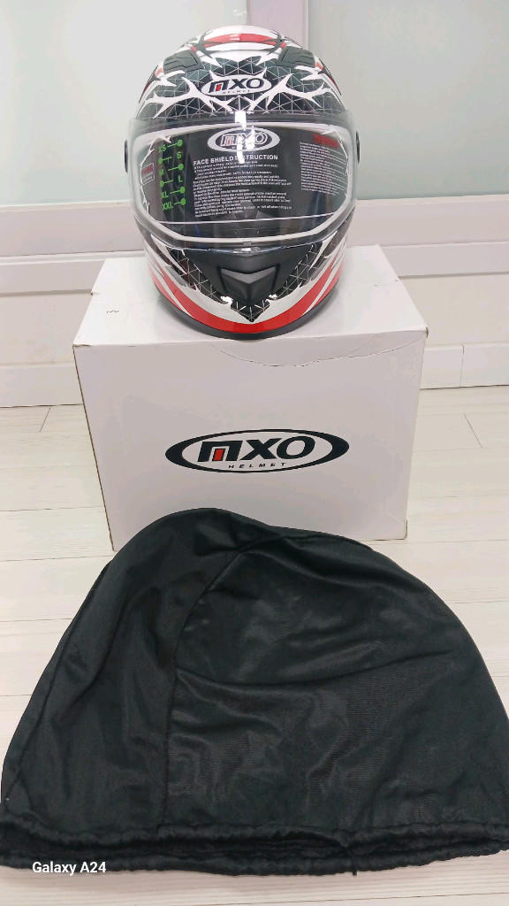 MXO 스피드 블랙앤드레드 선글라스 풀페이스헬멧(XXL)+인이어 마이크+뿔 모양 데칼+파우치+MXO박스 이미지