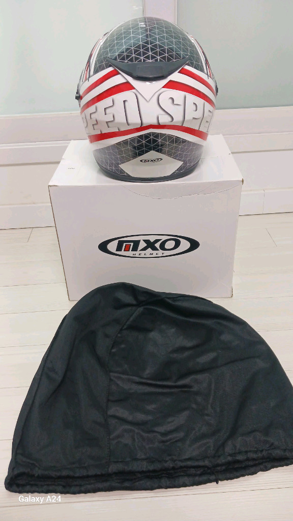 MXO 스피드 블랙앤드레드 선글라스 풀페이스헬멧(XXL)+인이어 마이크+뿔 모양 데칼+파우치+MXO박스 이미지