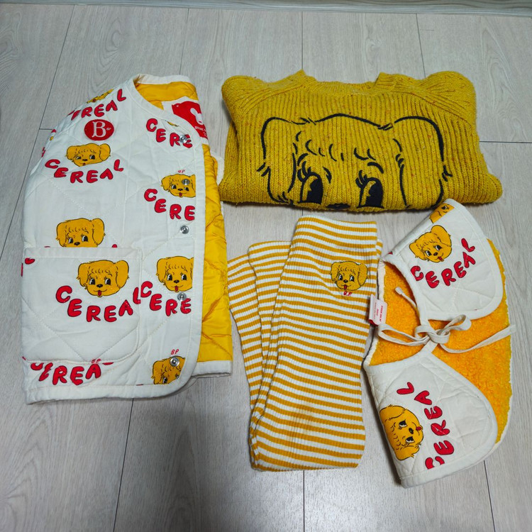 베베드피노 노랑곰 모자 + 시리얼 니트 퀄팅자켓 넥카라 레깅스 세트 100-110 이미지