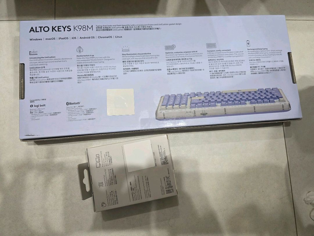 로지텍 메타몽 키보드 라일락 미개봉+라일락키캡+마우스 화이트 미개봉+메타몽 파우치 이미지