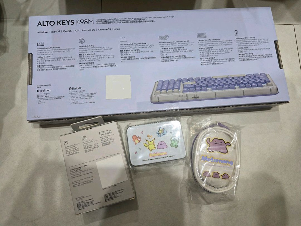 로지텍 메타몽 키보드 라일락 미개봉+라일락키캡+마우스 화이트 미개봉+메타몽 파우치 이미지