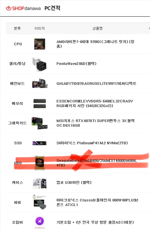 라이젠 9700X 4070 ti super RAM 64GB SSD 2TB 데스크탑 이미지