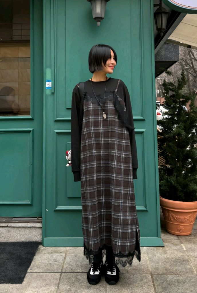 체크 레이스 뷔스티에 레이어드 롱원피스 이미지