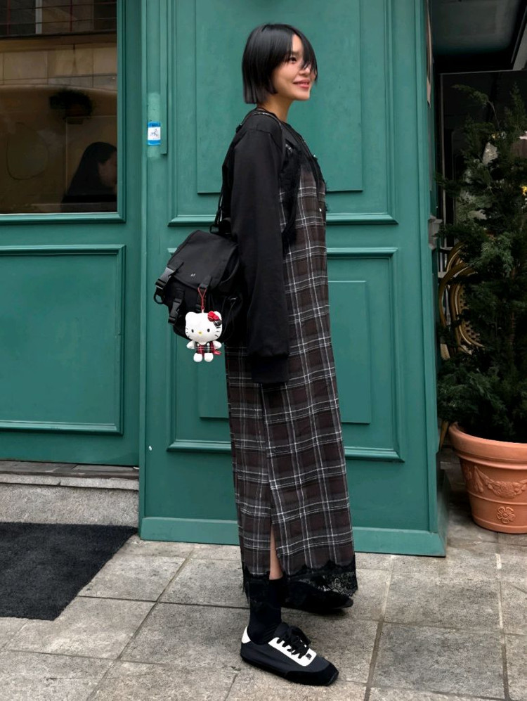 체크 레이스 뷔스티에 레이어드 롱원피스 이미지