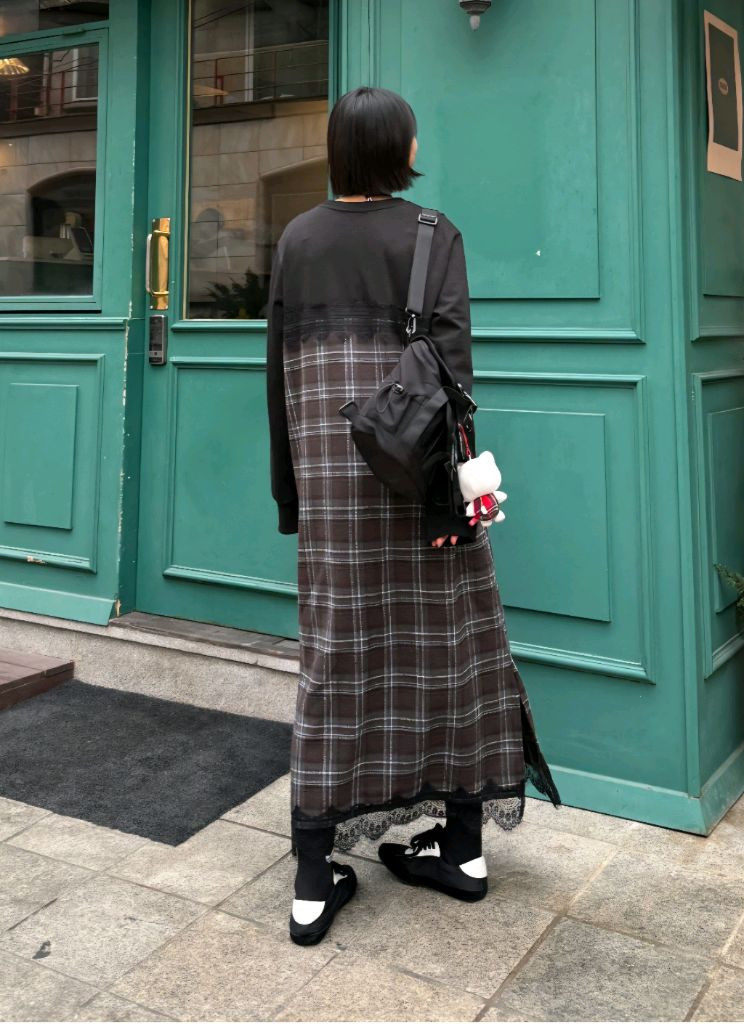 체크 레이스 뷔스티에 레이어드 롱원피스 이미지