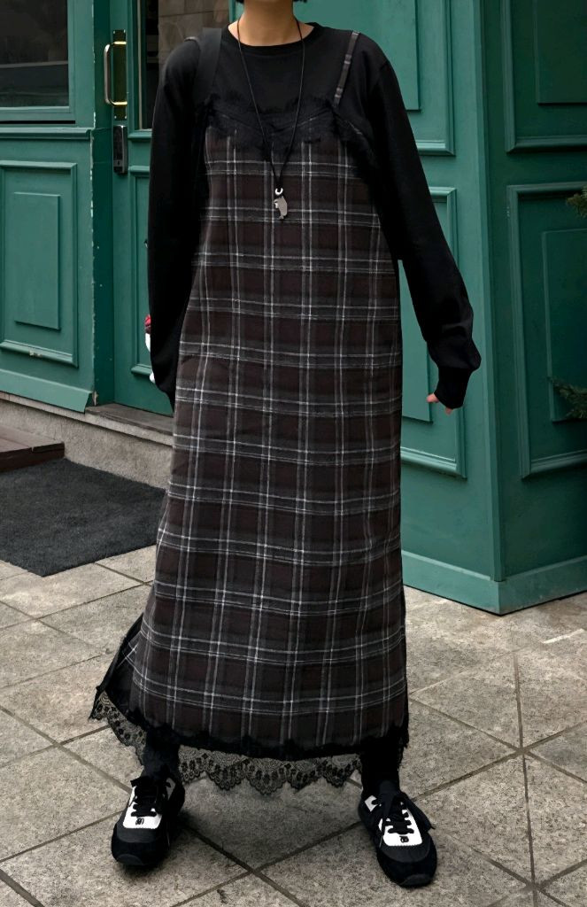 체크 레이스 뷔스티에 레이어드 롱원피스 이미지