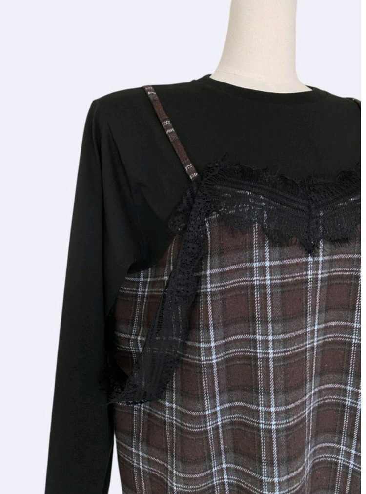 체크 레이스 뷔스티에 레이어드 롱원피스 이미지