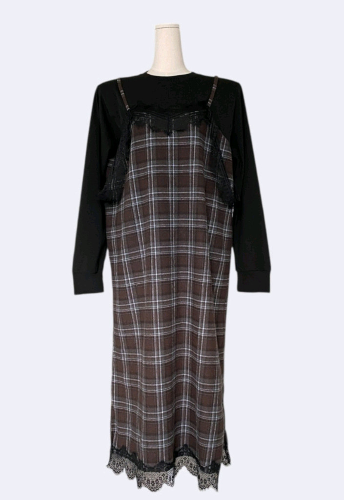 체크 레이스 뷔스티에 레이어드 롱원피스 이미지