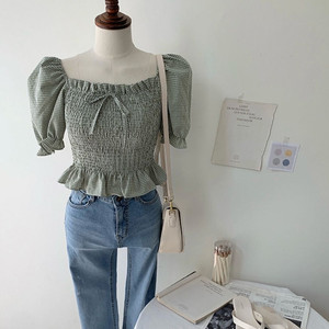 오프숄더 겸용 퍼프 리본 블라우스 올리브(새상품) 이미지