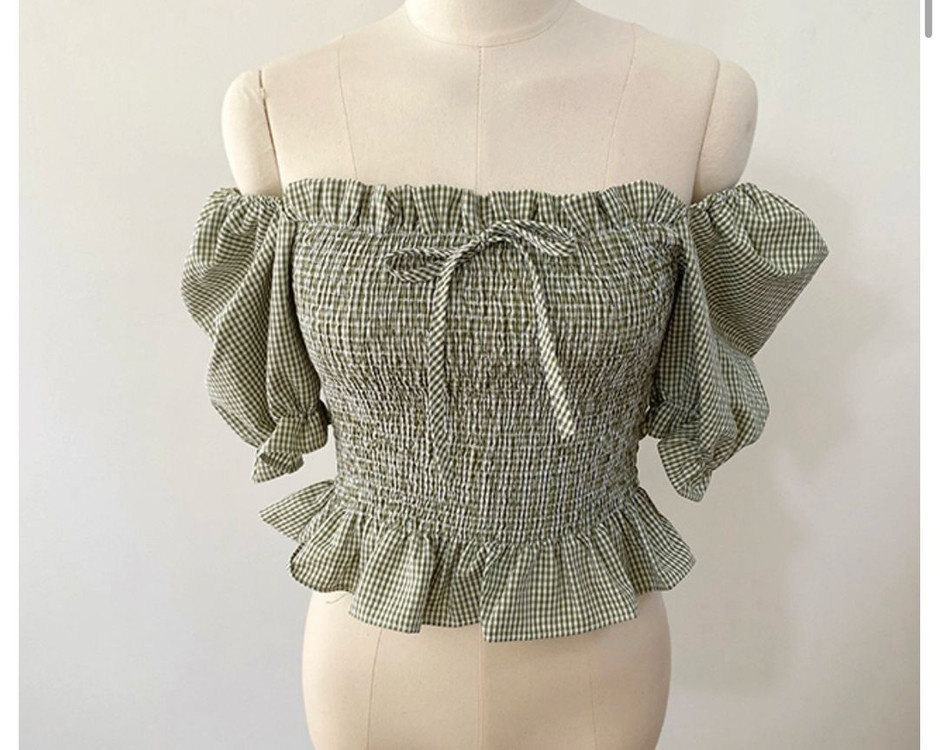 오프숄더 겸용 퍼프 리본 블라우스 올리브(새상품) 이미지