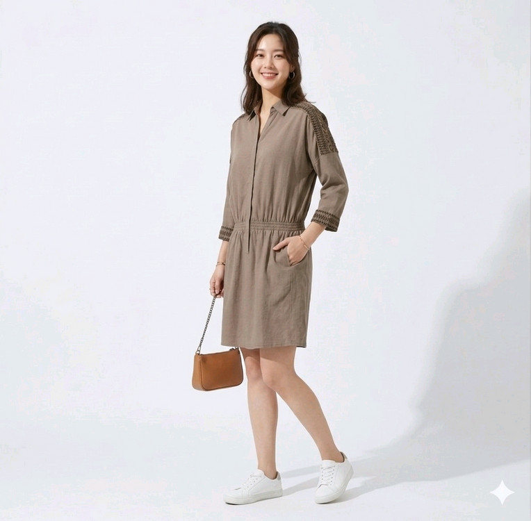 체형커버 | 나이스클랍 브라운 밴딩 미디 원피스 55~66 | 봄코디 이미지