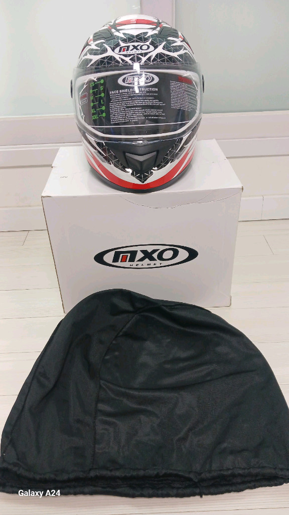 MXO 스피드 블랙앤드레드 선글라스 풀페이스헬멧(XXL)+인이어 마이크+뿔 모양 데칼+파우치+MXO박스 이미지