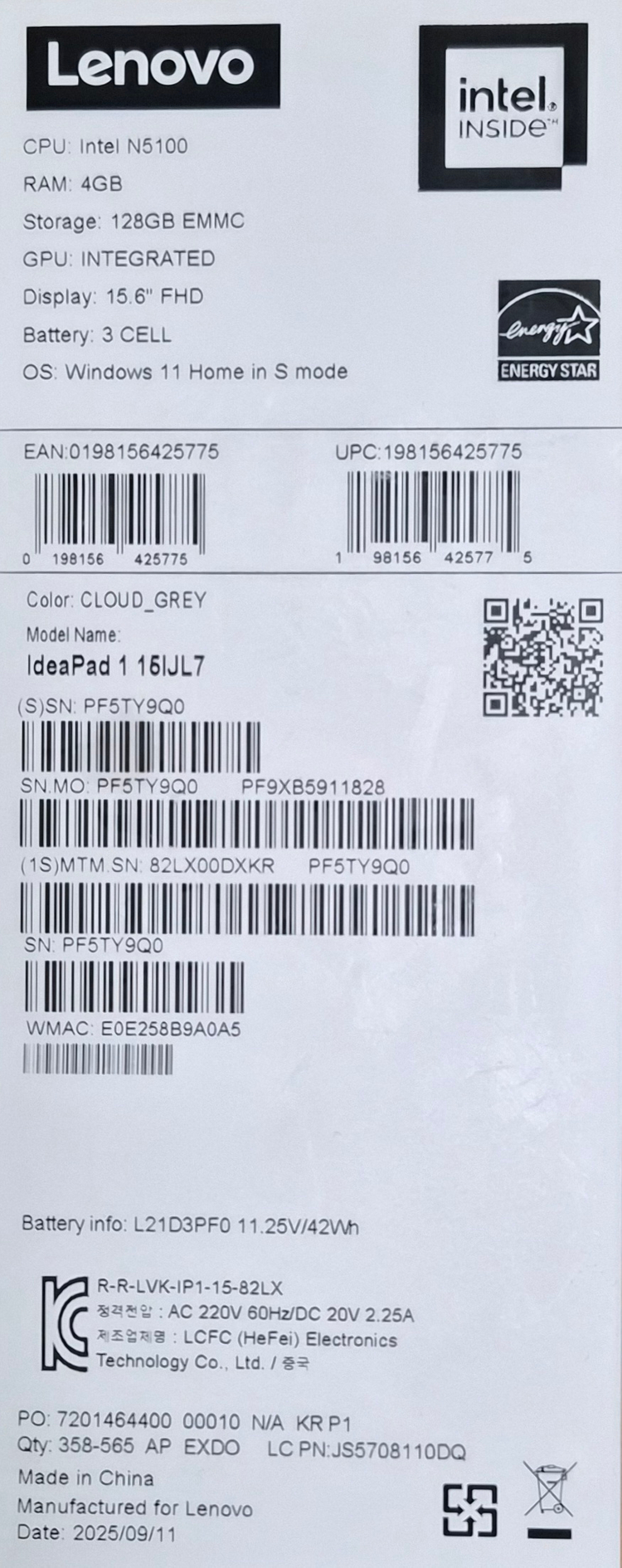 [미개봉]레노버 아이디어패드 슬림1 15IJL7 노트북 판매합니다 이미지