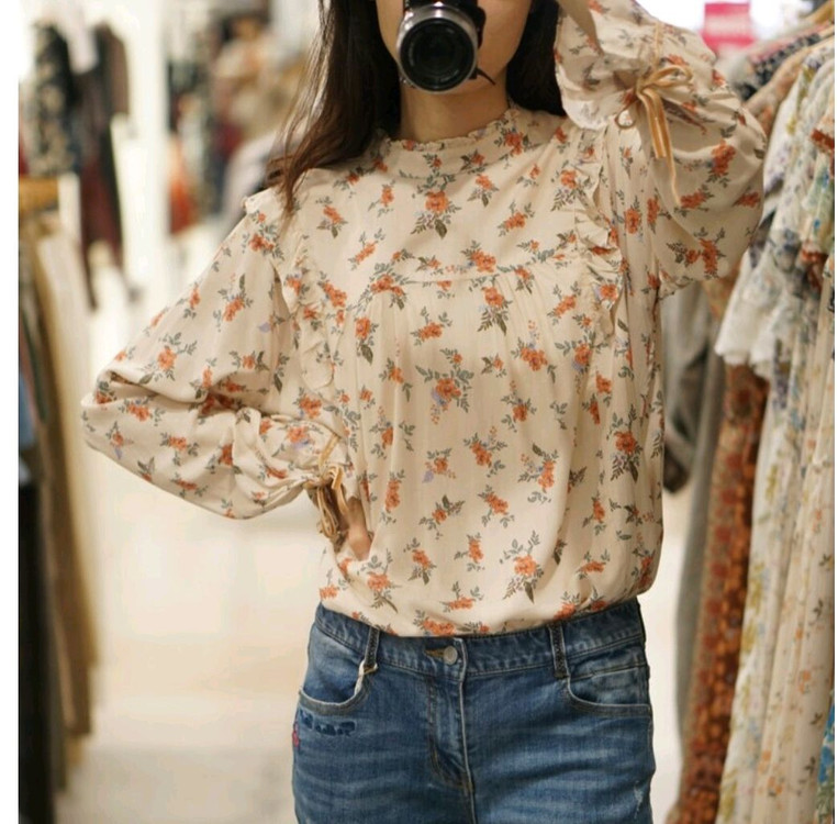 새상품 S 하이넥 리본 긴팔 레이온 블라우스 써스데이아일랜드 이미지