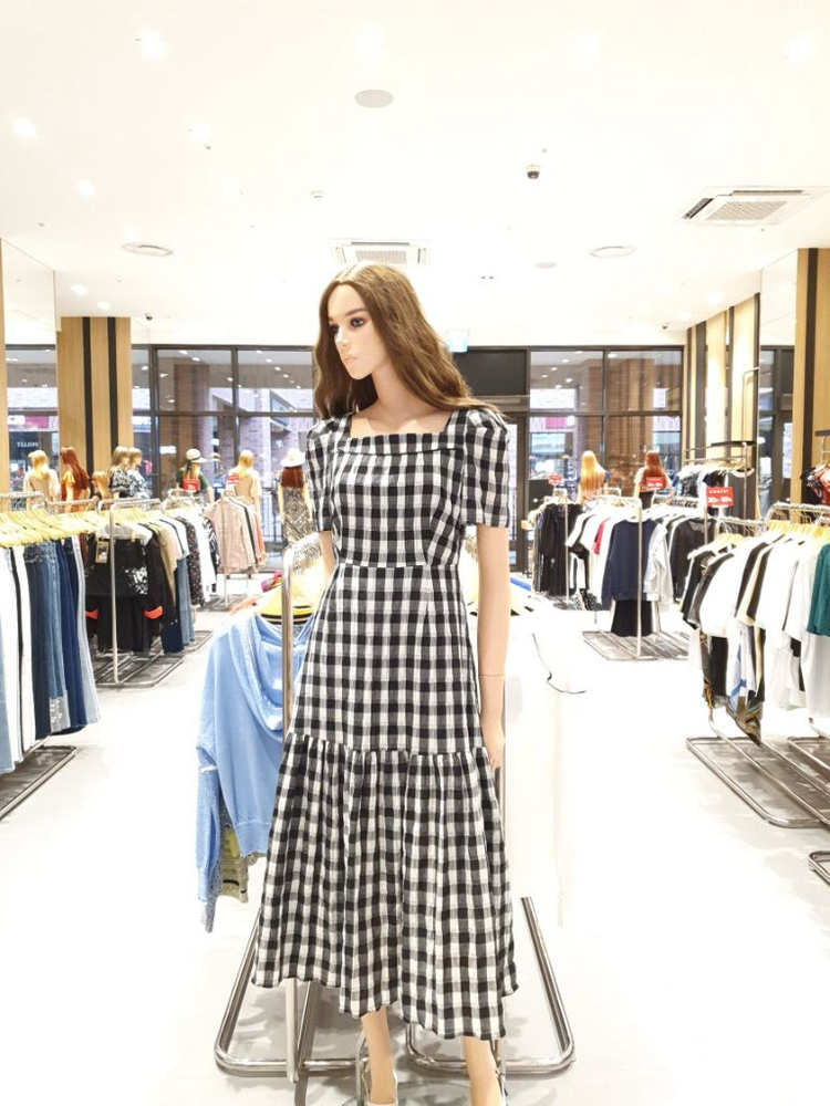 에고이스트 스퀘어넥 체크 롱 원피스 이미지