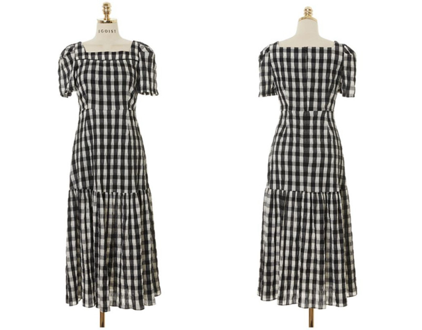 에고이스트 스퀘어넥 체크 롱 원피스 이미지