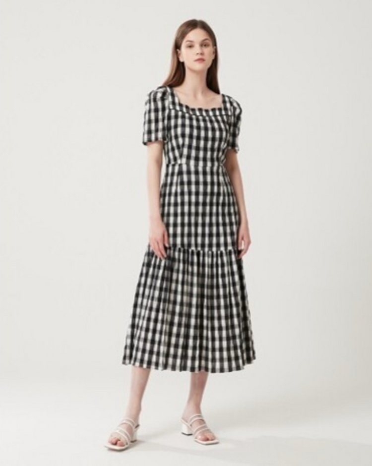 에고이스트 스퀘어넥 체크 롱 원피스 이미지
