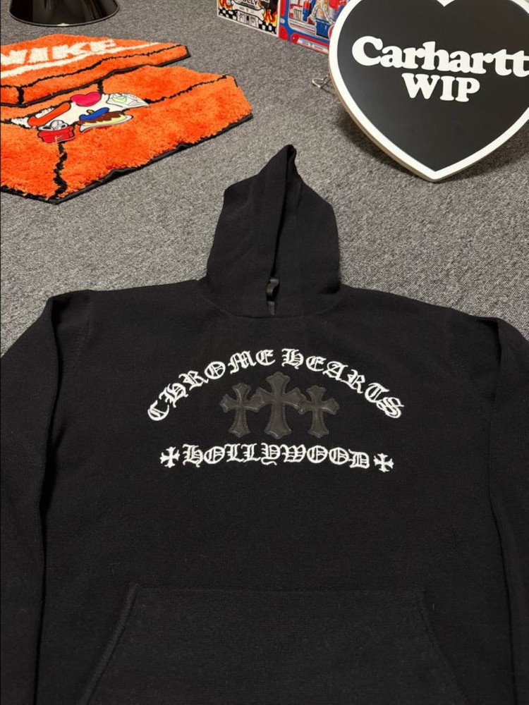 [XL] 크롬하츠 세메터리 크로스 레더 패치 캐시미어 후드 니트 블랙 이미지