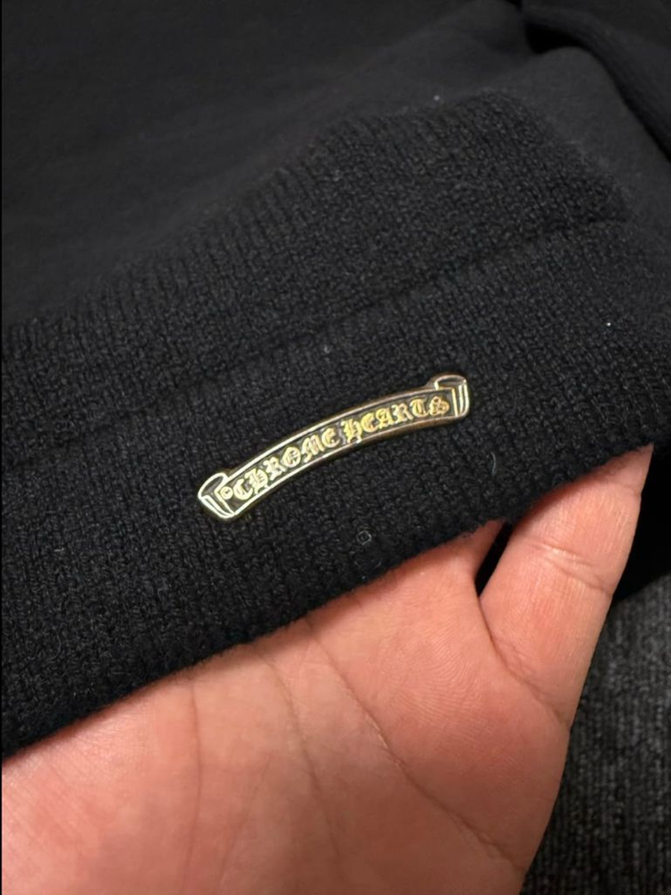 [XL] 크롬하츠 세메터리 크로스 레더 패치 캐시미어 후드 니트 블랙 이미지