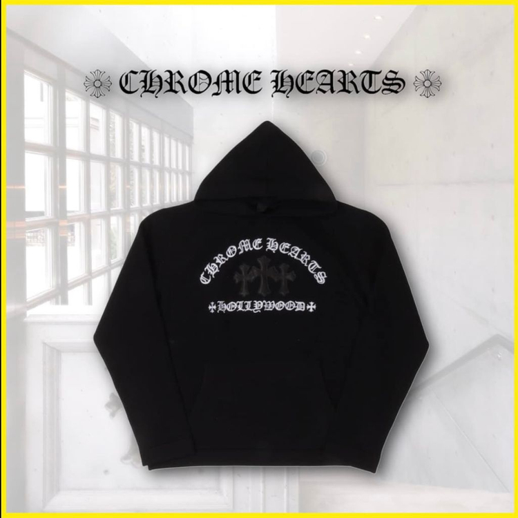 [XL] 크롬하츠 세메터리 크로스 레더 패치 캐시미어 후드 니트 블랙 이미지