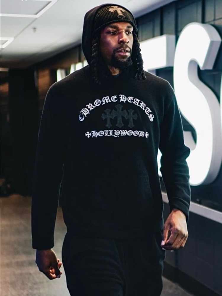 [XL] 크롬하츠 세메터리 크로스 레더 패치 캐시미어 후드 니트 블랙 이미지