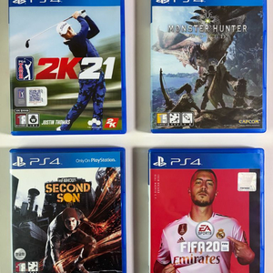 PS4 게임 타이틀 4종 (PGA 2K21, 몬스터헌터 월드, 인퍼머스 세컨드 선, FIFA 20) 이미지