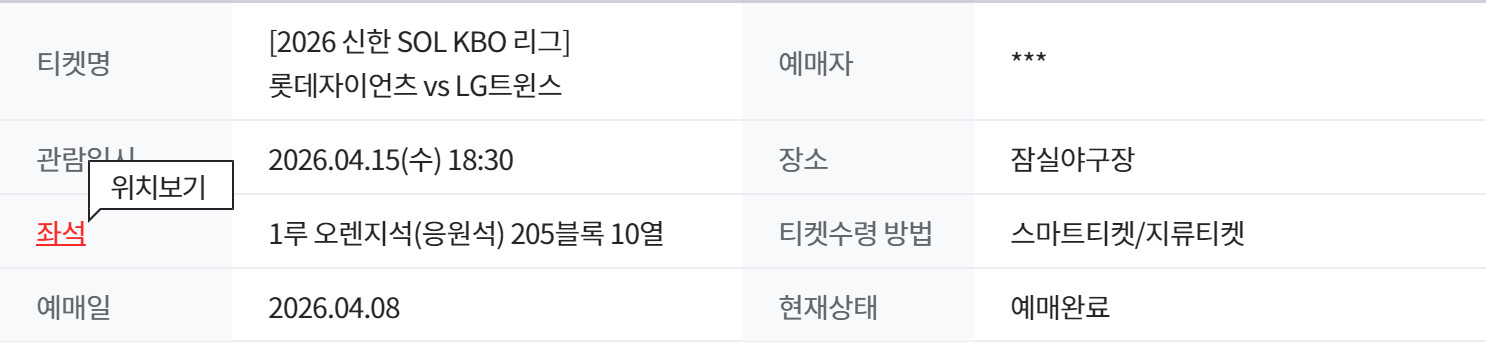 # 4월 15일(수) 잠실 롯데자이언츠 vs LG트윈스 1루 오렌지석(응원석) 1석 이미지