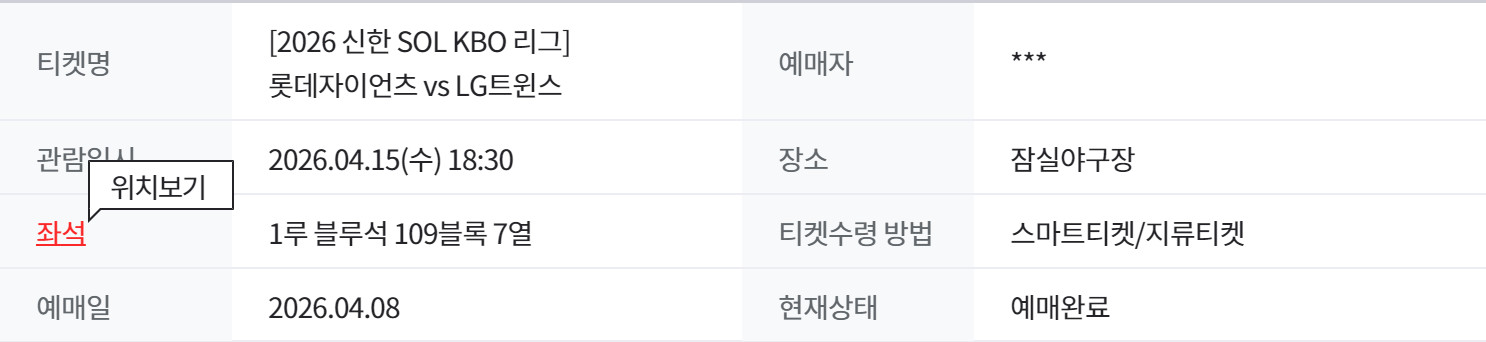 # 4월 15일(수) 잠실야구장 롯데자이언츠 vs LG트윈스 1루 블루석 1석 이미지