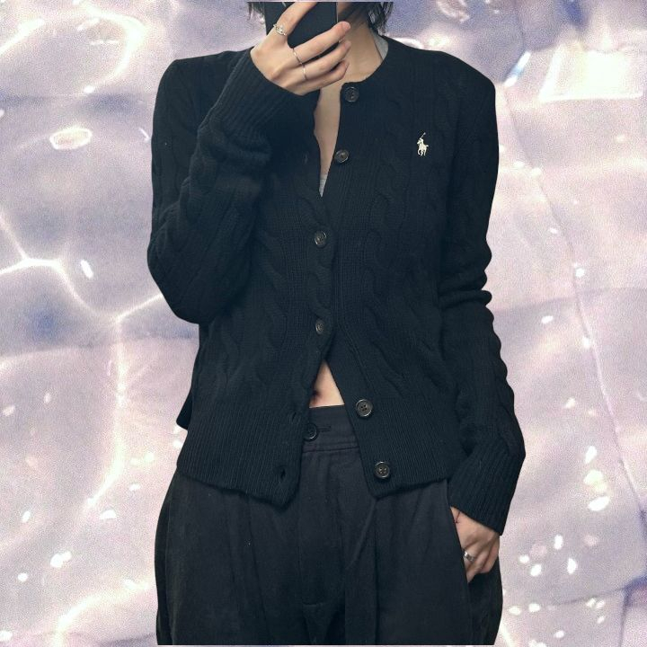 폴로 랄프로렌 신형 꽈배기 케이블 니트 울 캐시미어 가디건 블랙 S 이미지