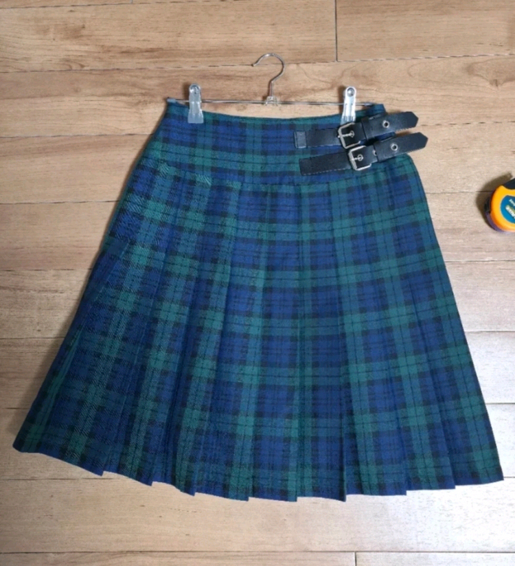 여성 버클 디자인 그린블루 체크 플리츠 스커트 교복 스타일 치마 이미지