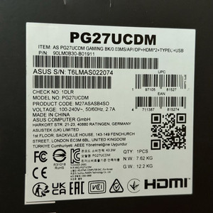 asus 게이밍모니터 pg27ucdm oled 4k 240hz 이미지