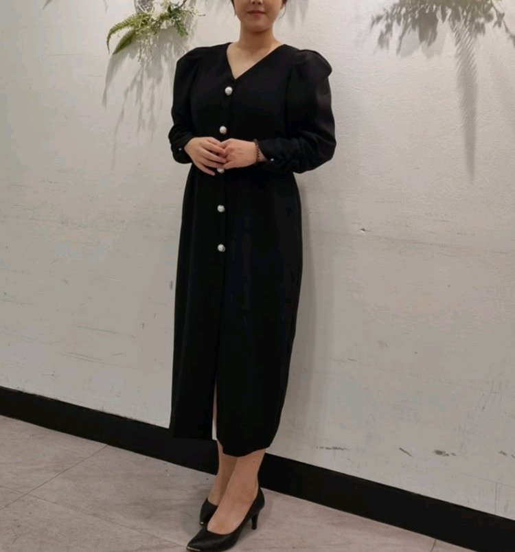 블랙 진주버튼 퍼프 롱원피스 예쁜 빅사이즈 이미지
