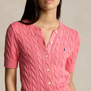 XS)매장정품/폴로 랄프로렌 핑크색 케이블(꽈배기) 반팔 니트 가디건 이미지