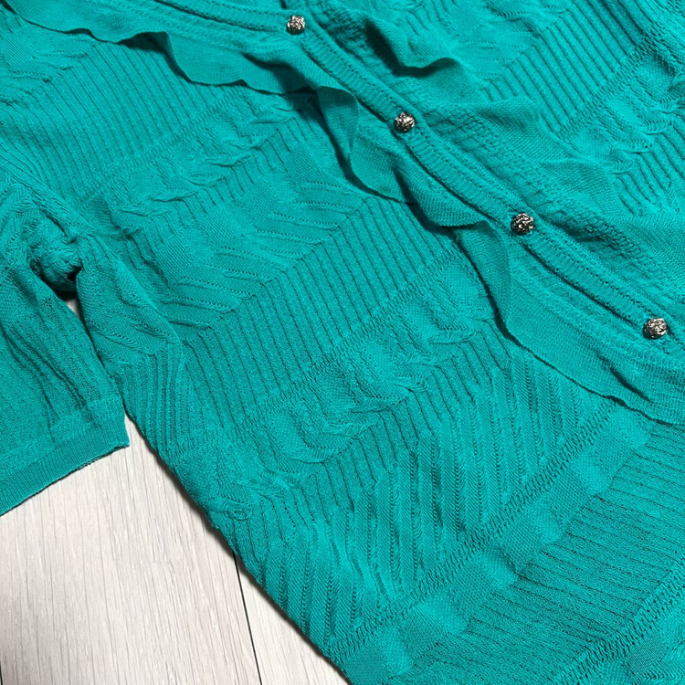 한섬 타임 TIME 퍼프소매 반팔 니트 가디건 브이넥 그린 초록 프릴 러플 여름 이미지