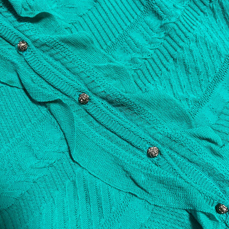 한섬 타임 TIME 퍼프소매 반팔 니트 가디건 브이넥 그린 초록 프릴 러플 여름 이미지