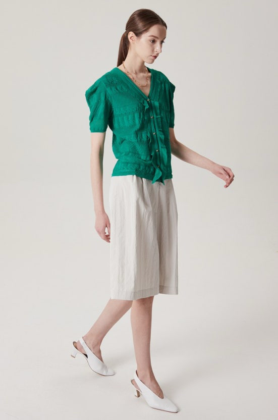 한섬 타임 TIME 퍼프소매 반팔 니트 가디건 브이넥 그린 초록 프릴 러플 여름 이미지