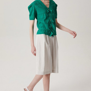 한섬 타임 TIME 퍼프소매 반팔 니트 가디건 브이넥 그린 초록 프릴 러플 여름 이미지