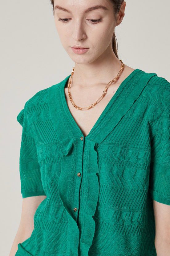 한섬 타임 TIME 퍼프소매 반팔 니트 가디건 브이넥 그린 초록 프릴 러플 여름 이미지