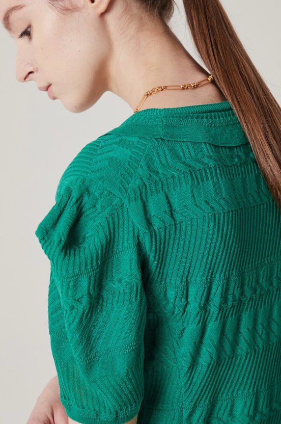 한섬 타임 TIME 퍼프소매 반팔 니트 가디건 브이넥 그린 초록 프릴 러플 여름 이미지