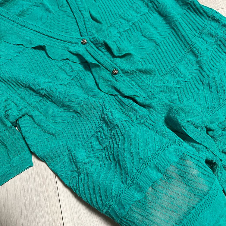 한섬 타임 TIME 퍼프소매 반팔 니트 가디건 브이넥 그린 초록 프릴 러플 여름 이미지